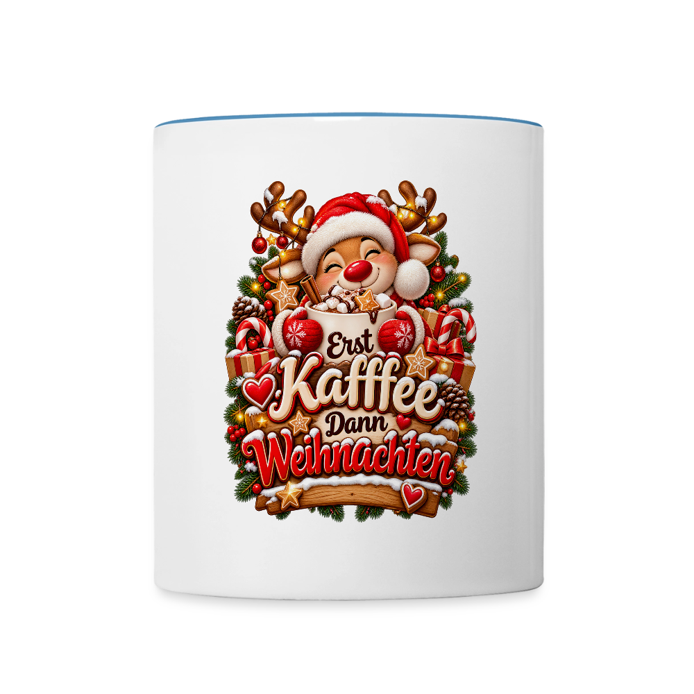 Weihnachtstasse 🎄 Erst Kaffee, dann Weihnachten – Lustige Kaffeetasse 325 ml - Weiß/Hellblau