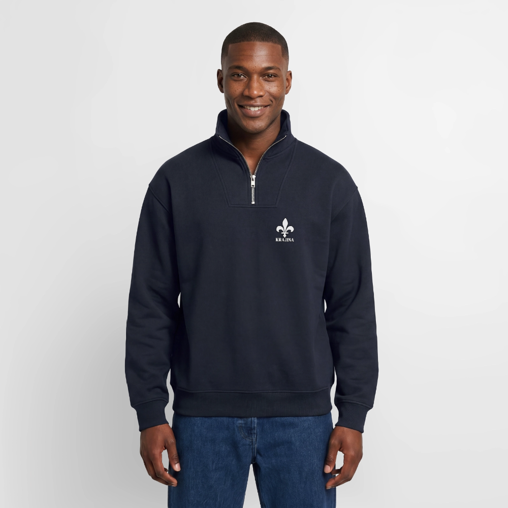 KRAJINA Premium Half-Zip Hoodie – Bosnische Lilie auf Brust & Ärmeln | SPREAD - Navy