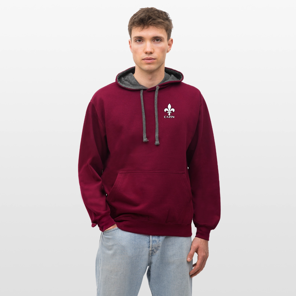 AWDis Just Hoods Kontrast-Hoodie Unisex – CAZIN mit bosnischer Lilie | Brustprint - Weinrot/Anthrazit