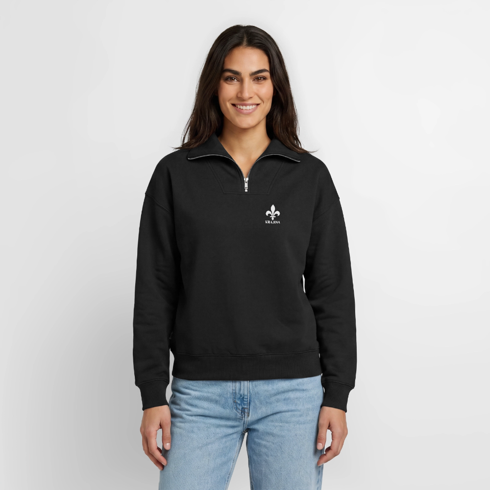 KRAJINA Premium Half-Zip Hoodie – Bosnische Lilie auf Brust & Ärmeln | SPREAD - Schwarz