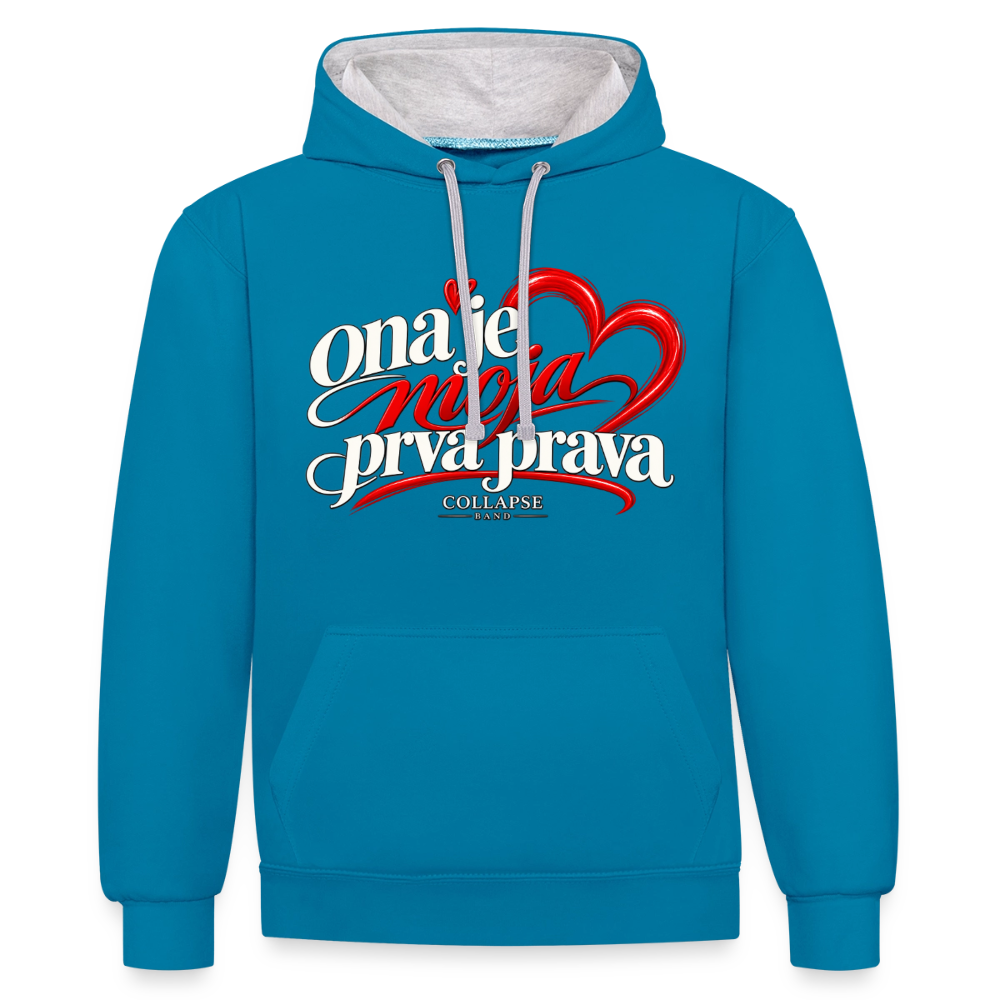 Kontrast-Hoodie - Ona je moja prva prava - Pfauenblau/Grau meliert