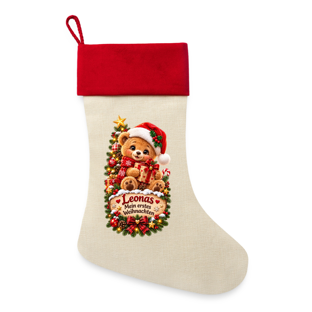 Leinen Weihnachtsstrumpf personalisiert – Mein erstes Weihnachten | Teddy mit Wunschname - Natur/Rot 