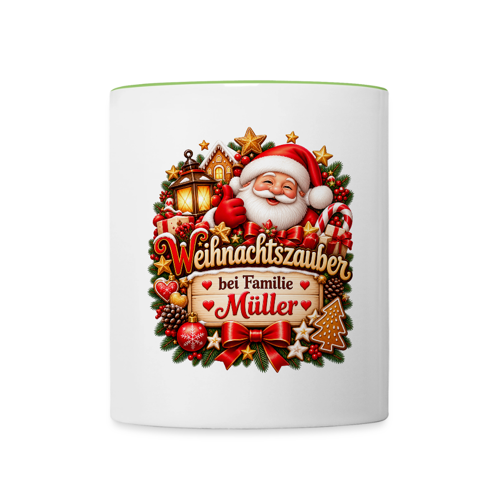 Weihnachtstasse 🎄 Weihnachtszauber bei Familie Müller – Tasse zweifarbig personalisiert - Weiß/Geckogrün