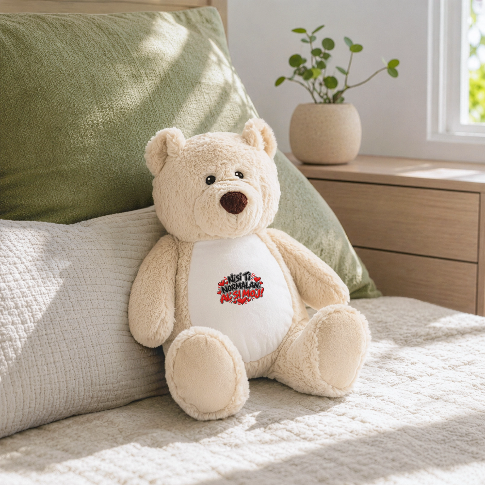 Nisi ti normalan al si moj Kuschelteddy 32 cm mit Herz-Design - Weiß/Mittelbraun