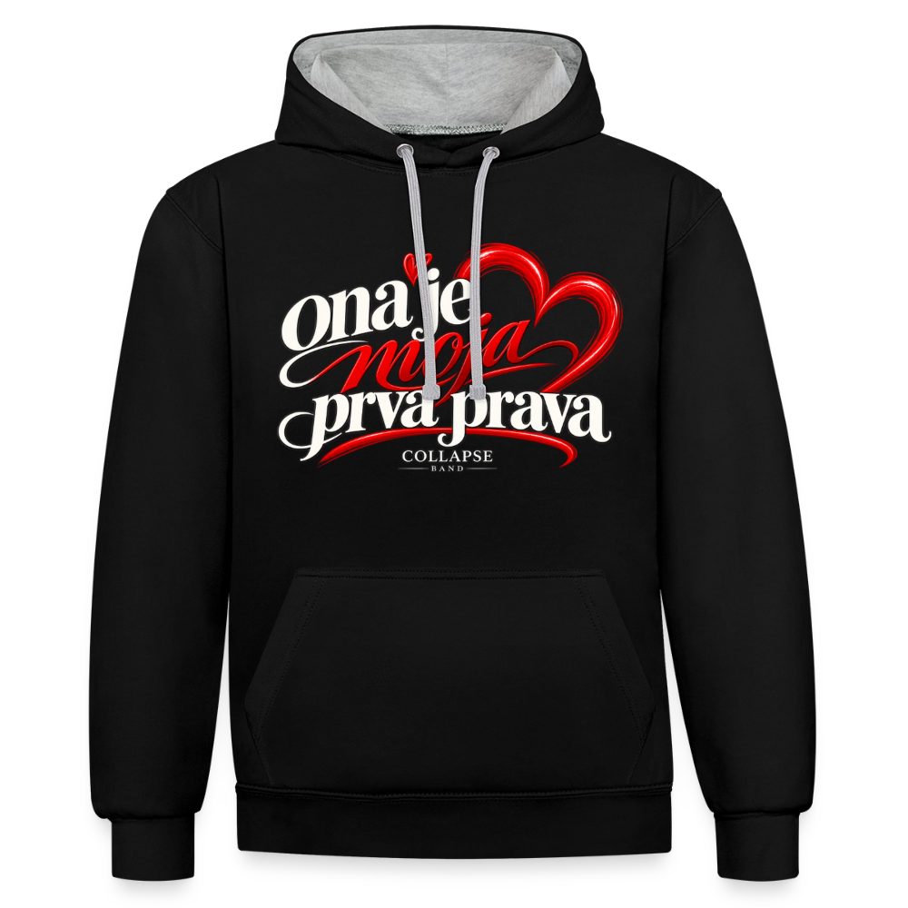 Kontrast-Hoodie - Ona je moja prva prava - Schwarz/Grau meliert
