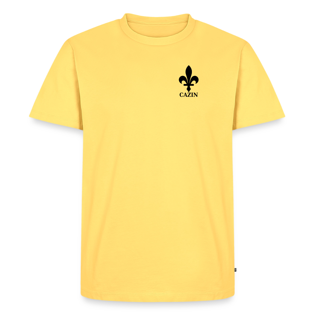 CAZIN Premium T-Shirt Herren – Bosnische Lilie | Brust- & Rückenprint - Pastellgelb