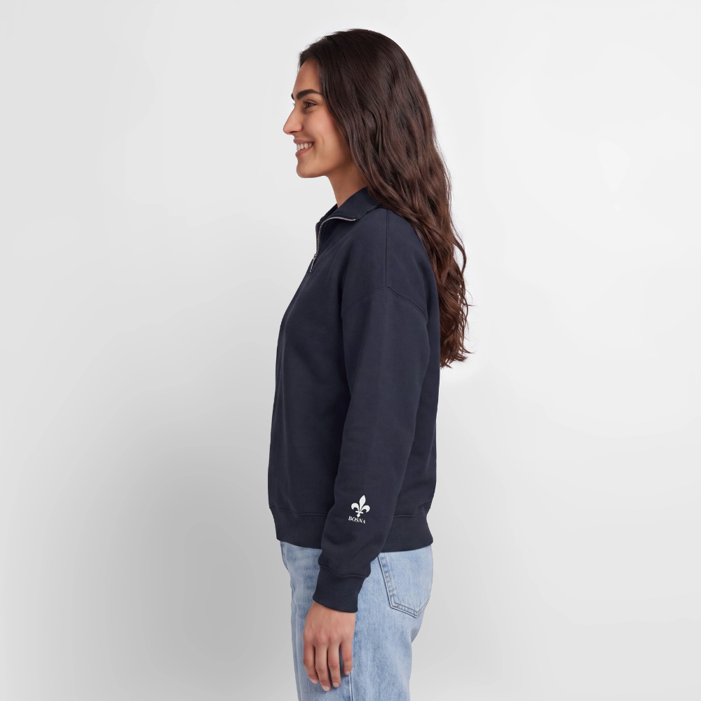 BOSNA Premium Organic Half-Zip Sweatshirt – SPREAD | Lilie auf Brust & Ärmeln - Navy