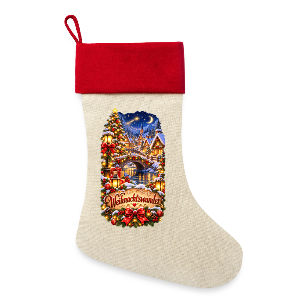 Leinen Weihnachtsstrumpf – Weihnachtswunder | Magische Winternacht | Zum Befüllen - Natur/Rot 