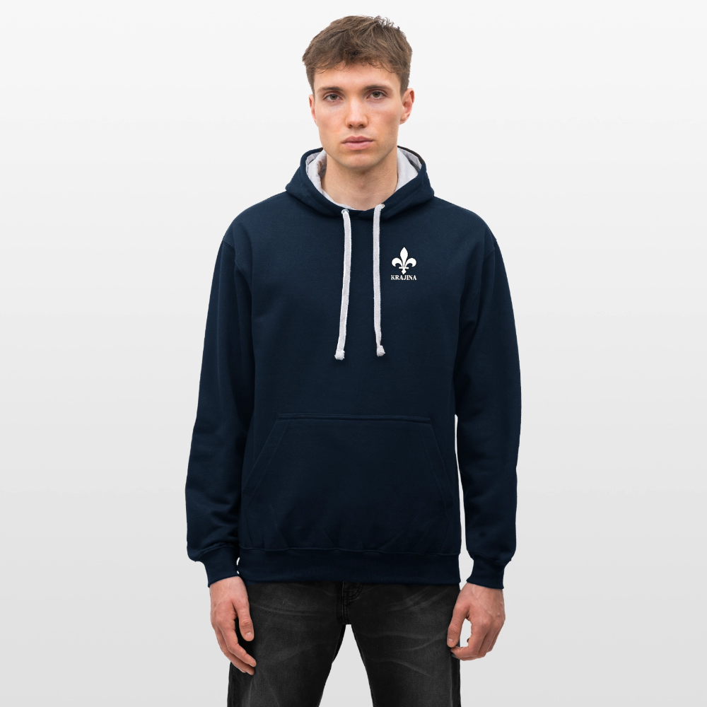 AWDis Just Hoods Kontrast-Hoodie Unisex – KRAJINA mit bosnischer Lilie | Brustprint - Navy/Grau meliert