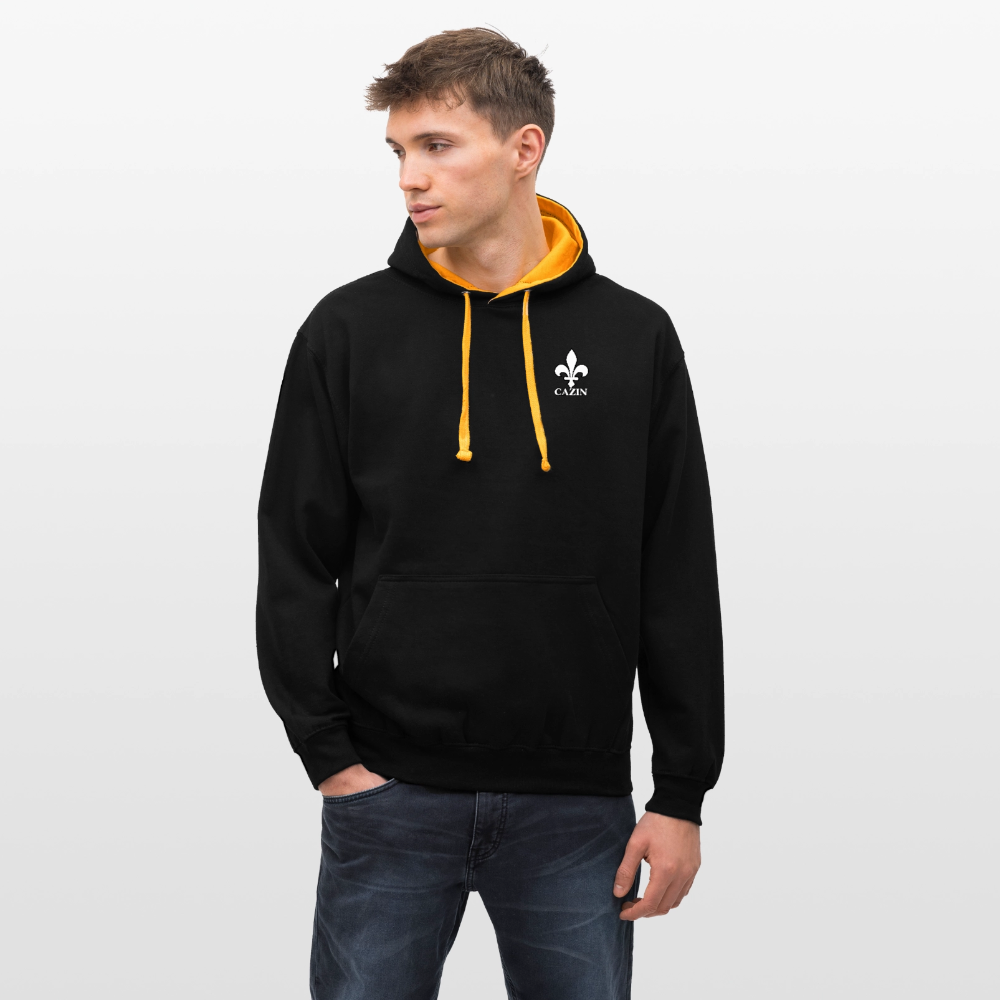 AWDis Just Hoods Kontrast-Hoodie Unisex – CAZIN mit bosnischen Lilien | Brust- & Schulterprint - Schwarz/Gold