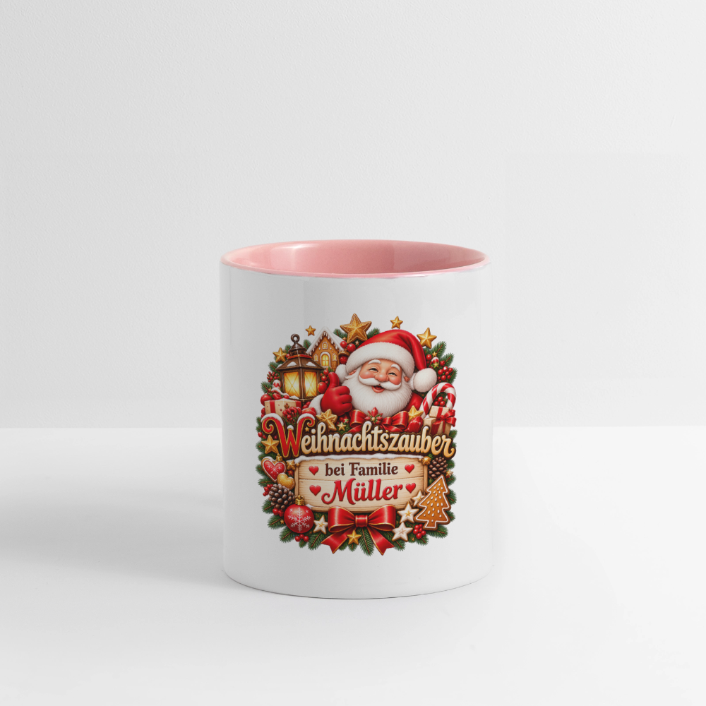 Weihnachtstasse 🎄 Weihnachtszauber bei Familie Müller – Tasse zweifarbig personalisiert - Weiß/Pink