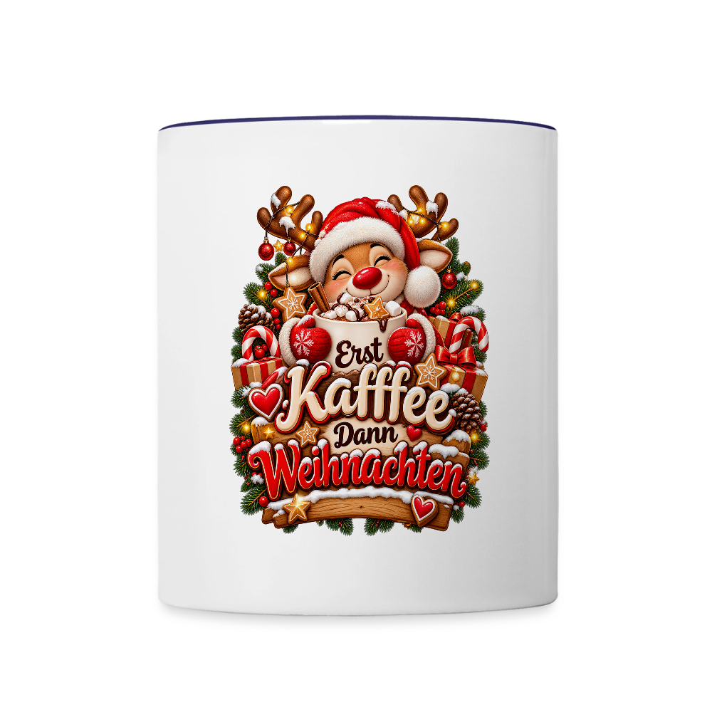 Weihnachtstasse 🎄 Erst Kaffee, dann Weihnachten – Lustige Kaffeetasse 325 ml - Weiß/Kobaltblau