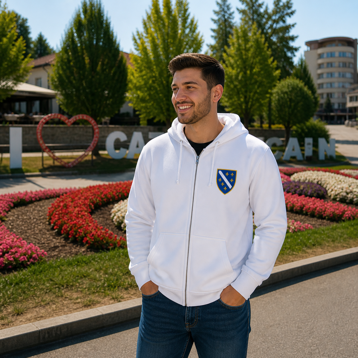 Men's Zipper Hoodie - Bosnian Coat of Arms with Lilies | Left Chest