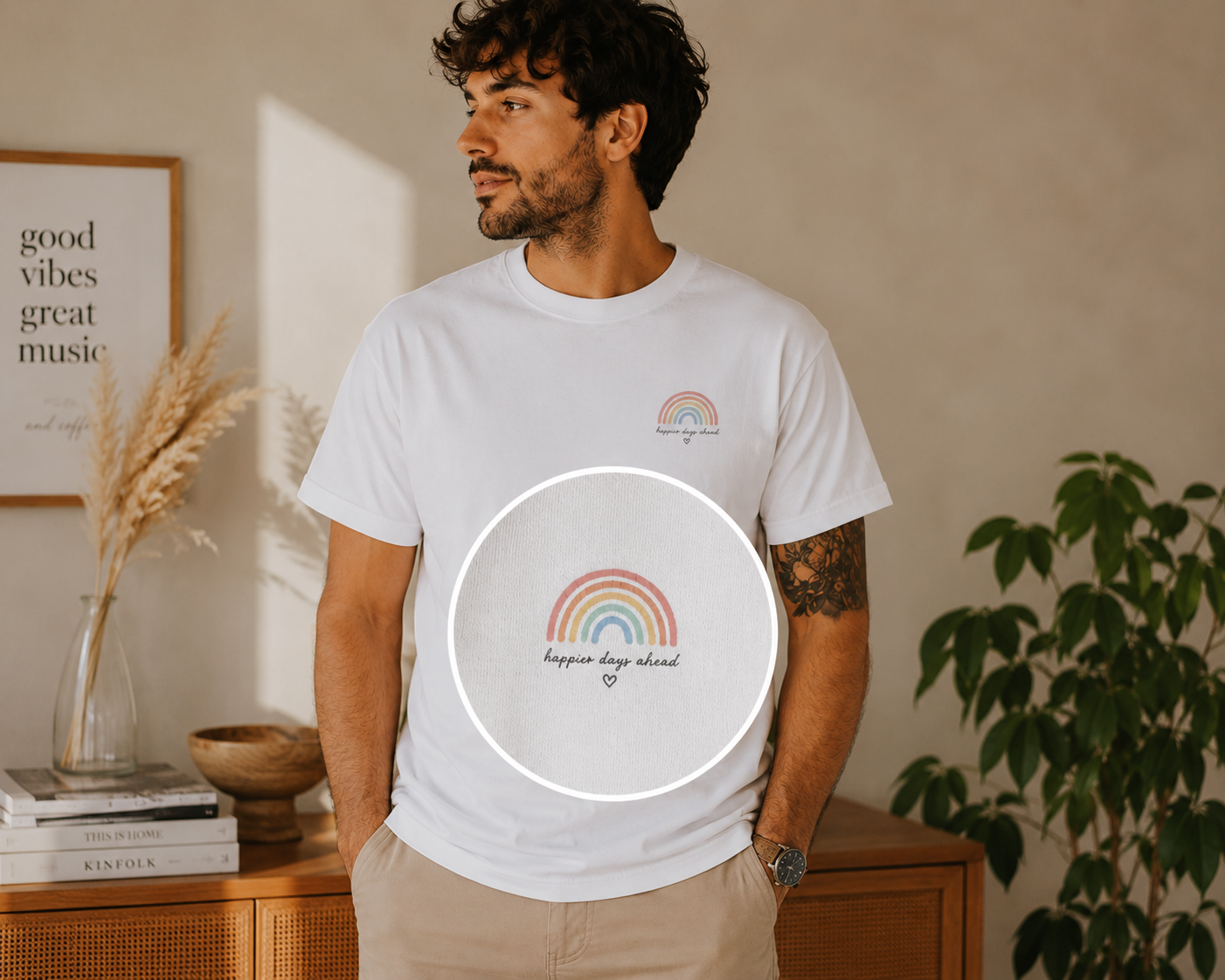 Gildan Heavy Cotton T-Shirt „Happier Days Ahead“ – Rainbow Shirt mit Positive Vibes