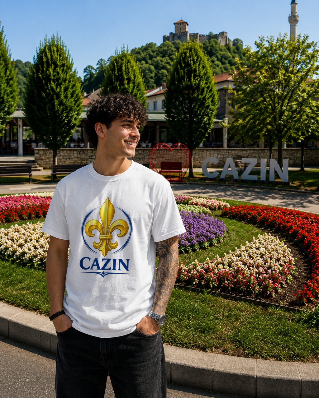 Herren T-Shirt - Cazin Bosnien Lilie Design | Frontprint