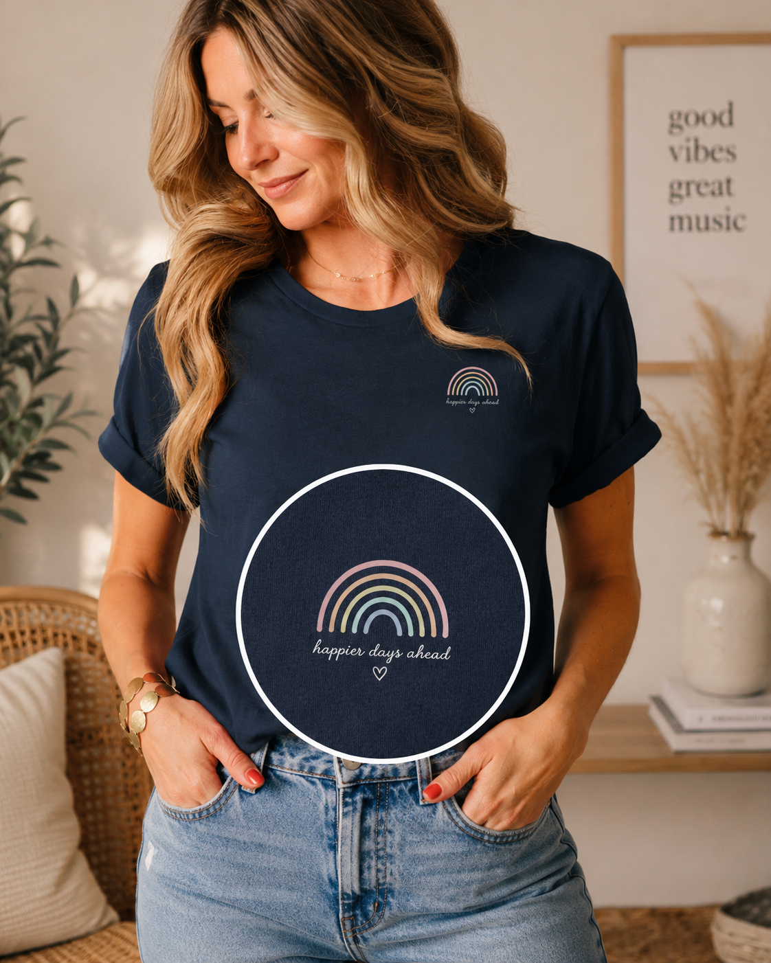 Damen T-Shirt „Happier Days Ahead“ – Rainbow Shirt mit positivem Aesthetic Design