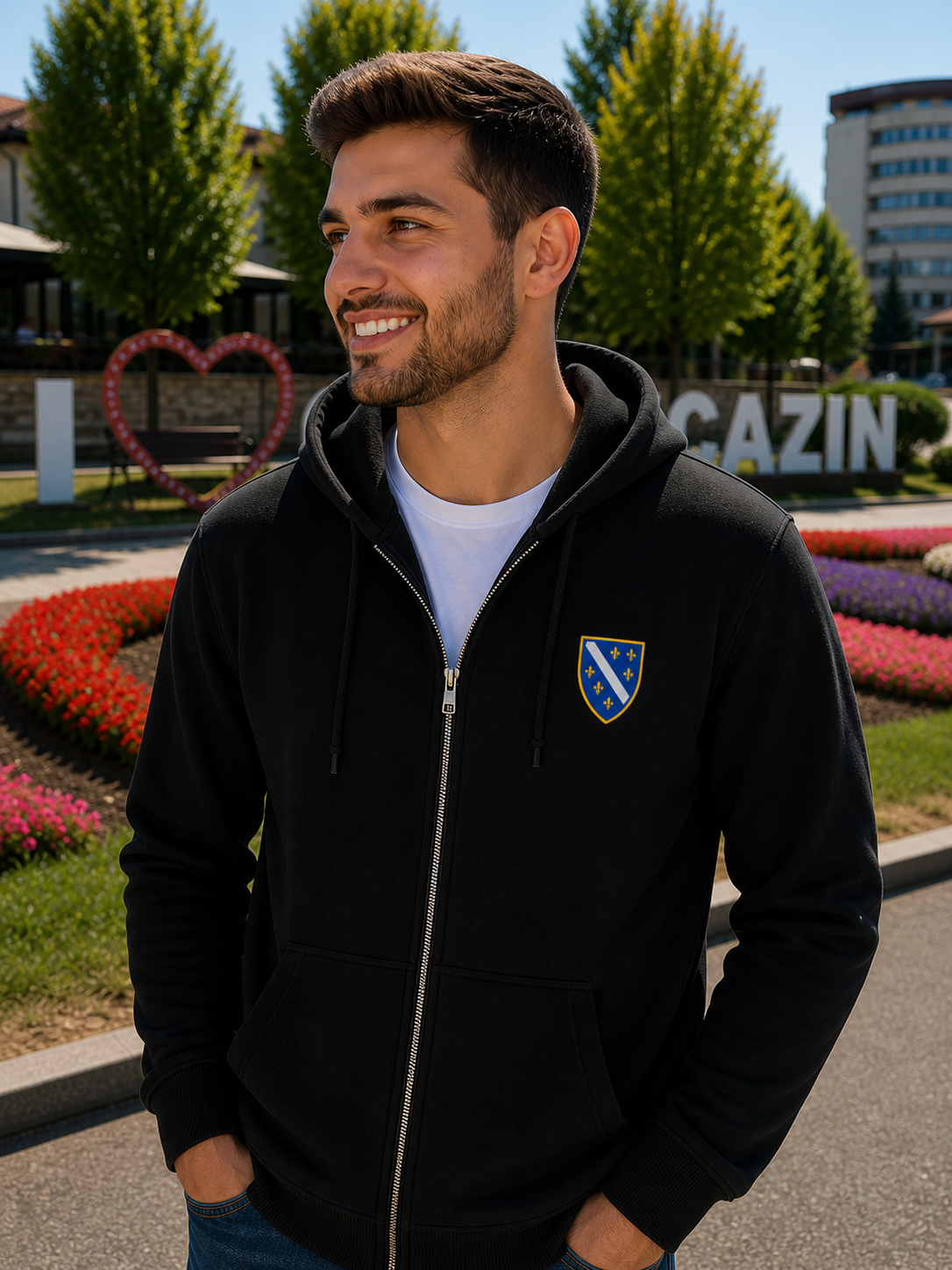 Men's Zipper Hoodie - Bosnian Coat of Arms with Lilies | Left Chest