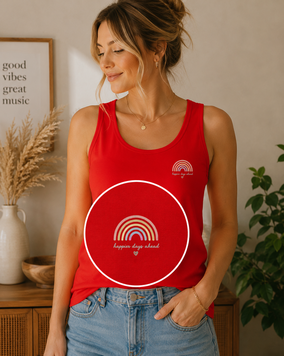 Damen Bio Tank Top „Happier Days Ahead“ – Rainbow Sommer Shirt aus Bio Baumwolle