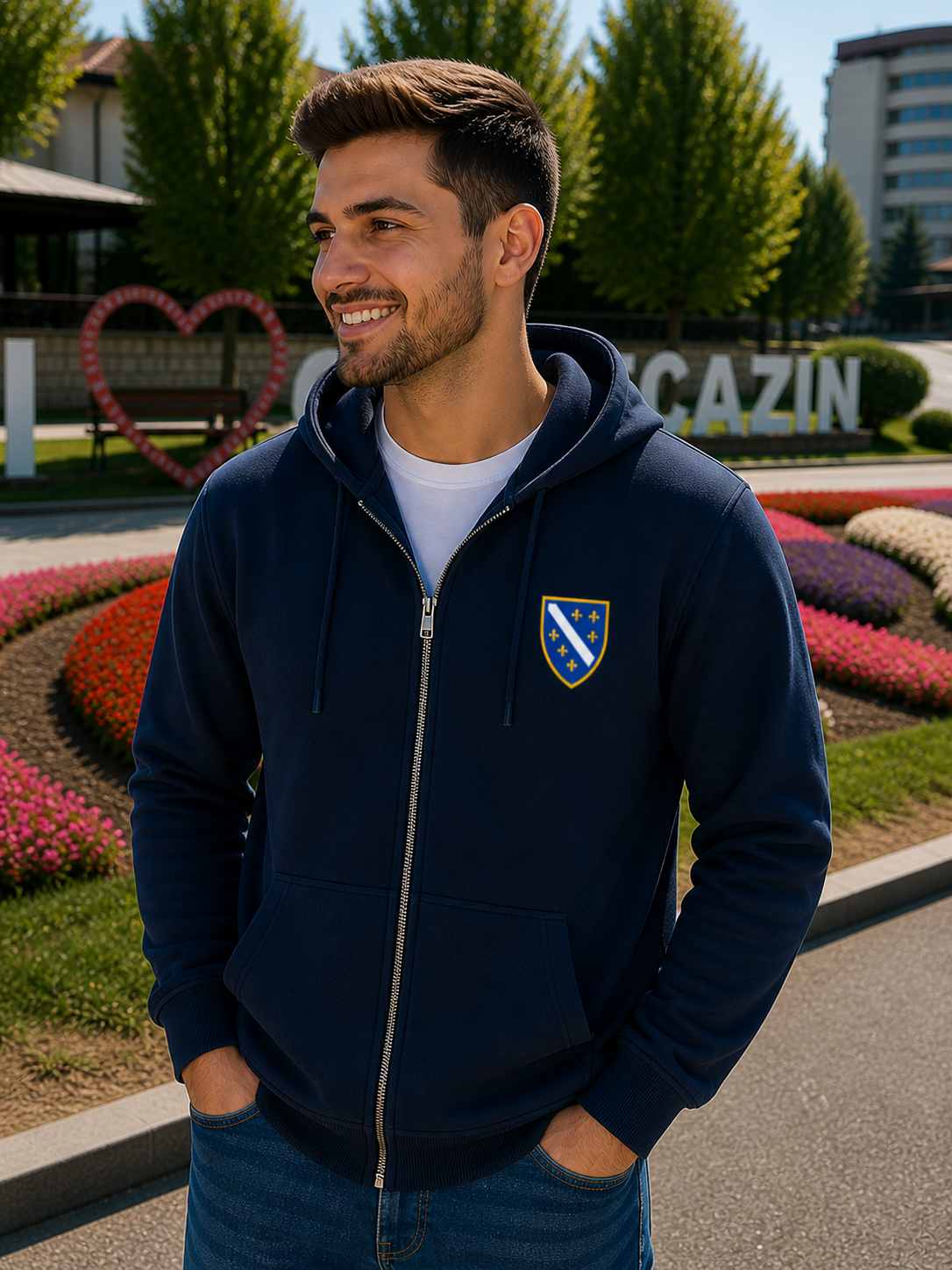 Men's Zipper Hoodie - Bosnian Coat of Arms with Lilies | Left Chest