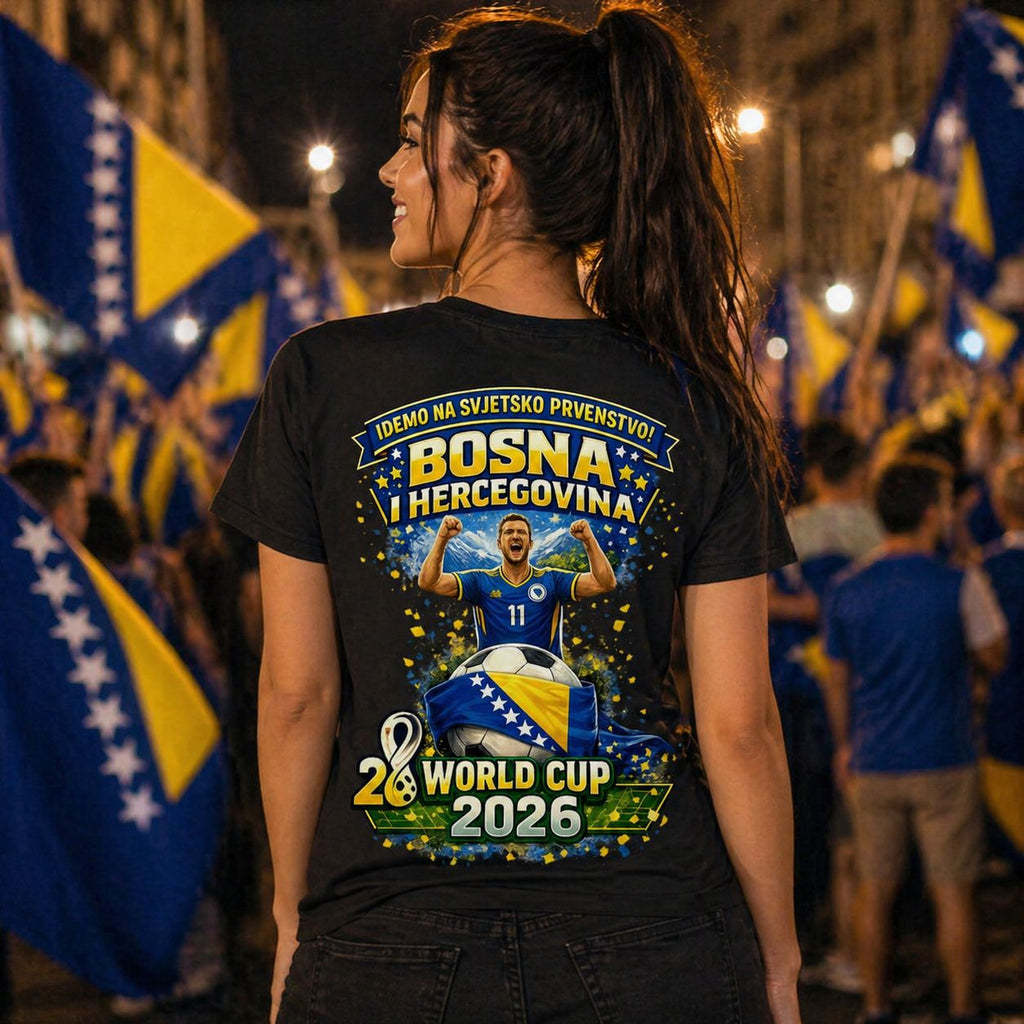 Ženska osnovna majica kratkih rukava s V-izrezom – Bosna | Dizajn 01 | Štampa na leđima