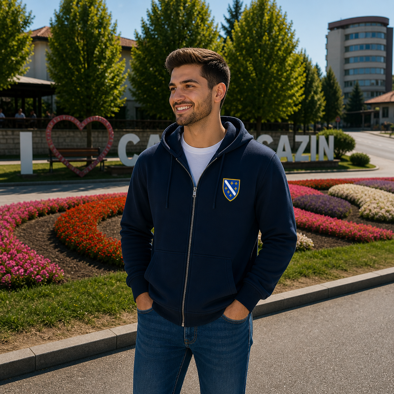 Men's Zipper Hoodie - Bosnian Coat of Arms with Lilies | Left Chest