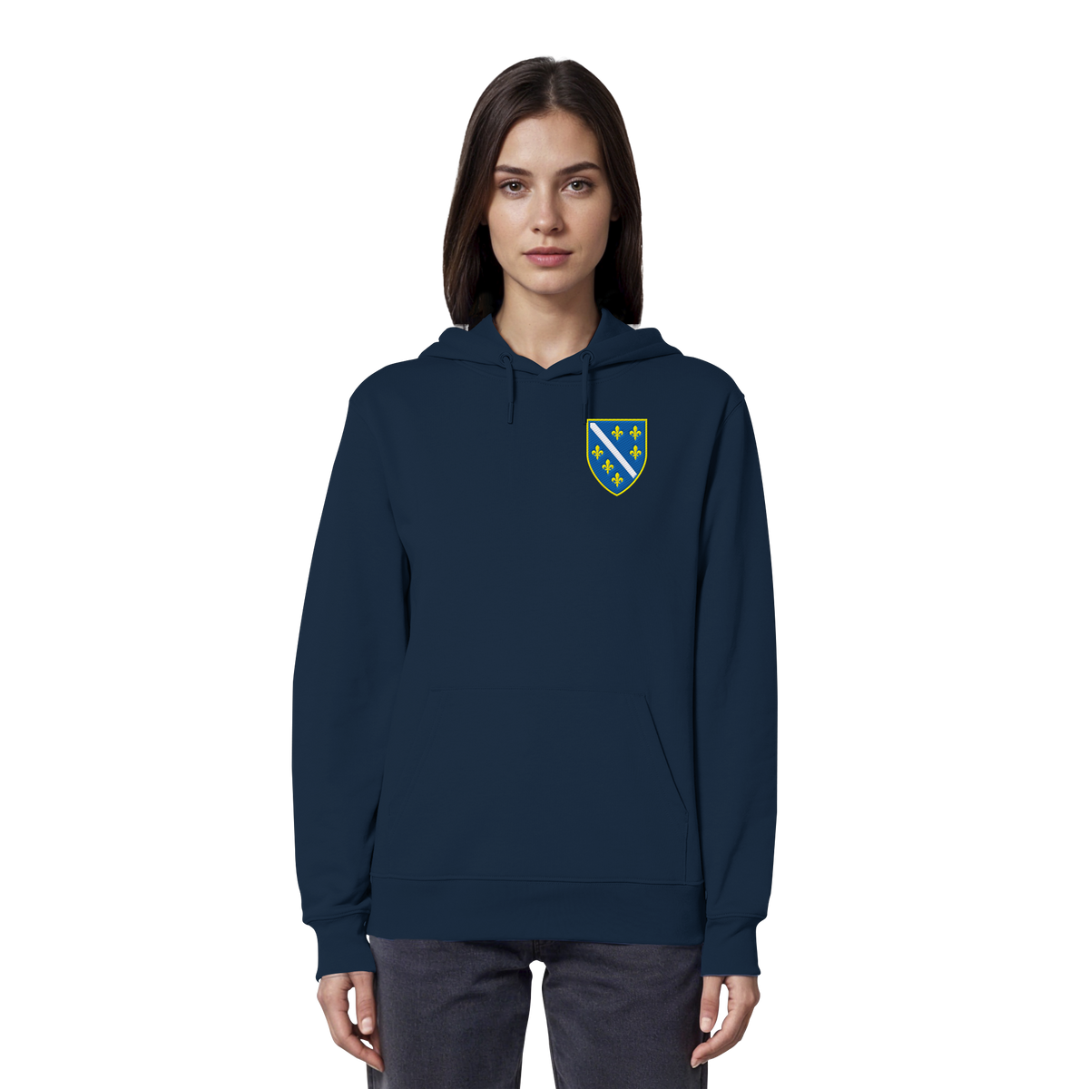 Premium organski hoodie s grbom Bosne i Višegradom i vezom | Stanley/Stella – Unisex