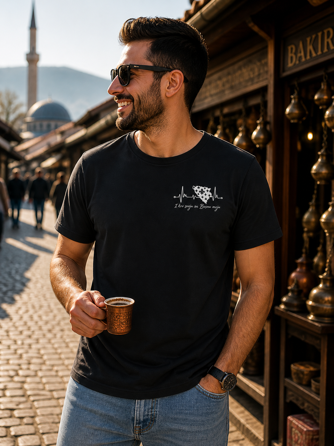 Men's Heavy Cotton T-Shirt Bosnia - Bosna Heartbeat | Left Chest